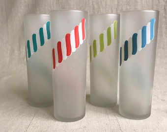 MCM Frosted Libbey Glasses Four Tall Highball Glassware // Set of Four Vintage Tumblers