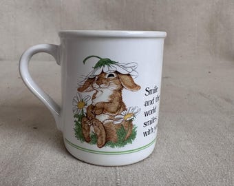 Vintage 80s Friends Mug Bunny // Smile and the World Smiles With You // Made in Japan