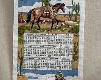 Linen Calendar 1978 2034 Cowboy Horse Cactus NOS // Deadstock Kitchen Decor 1960s