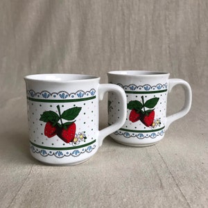 Strawberry Mugs, Pair Vintage Coffee Cups 1970s