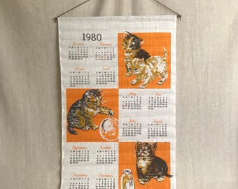 Cat Calendar 1980 Kittens NOS Linen // Deadstock Kitchen Decor 1980s 2036 Dates