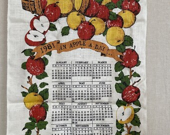 Vintage 1981 Linen Calendar: An Apple A Day Kitchen Decor, Deadstock NOS