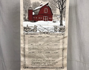 Vintage Linen Calendar 1965 Towel NOS // Deadstock Kitchen Decor 1960s Red Barn