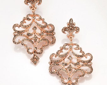 Rose Gold Chandelier Earrings, Fleur-de-Lis Design