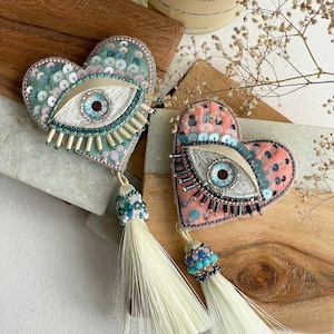 Beaded Heart Brooch. Evil Eye Pin