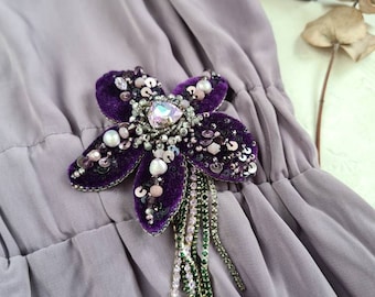 Beaded Flower Brooch. Purple Velvet Brooch