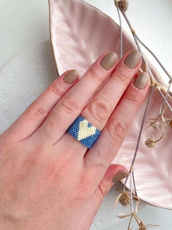 Wide Yellow and Blue Bead Ring. Ukrainian Gift Etsy