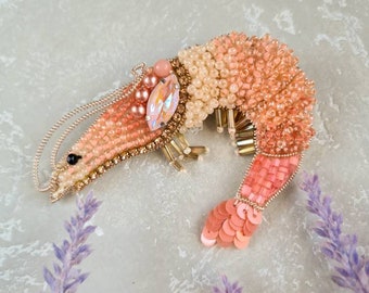 Shrimp Beaded Brooch, Beaded Prawn Brooch, Ocean Brooch