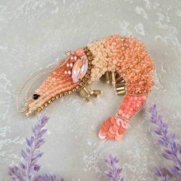 Shrimp Beaded Brooch, Beaded Prawn Brooch, Ocean Brooch