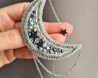 Silver/Gold Moon Beaded Brooch With Stars And Chain