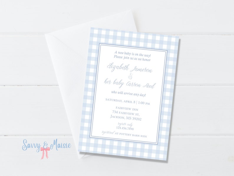 Blue Gingham Baby Shower Invitation Classic Boy Baby Shower Etsy