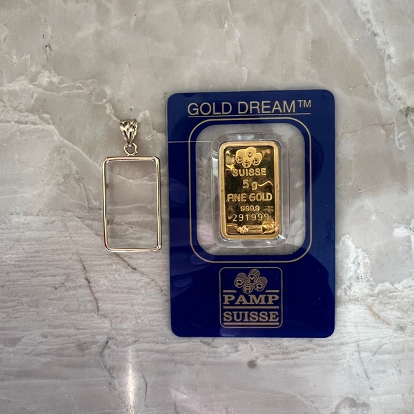 24K Pretty Yellow Gold Pamp Suisse Bar 5 grams brand new in plastic cover with 14k yellow gold regular FRAME bezel, rope frame available