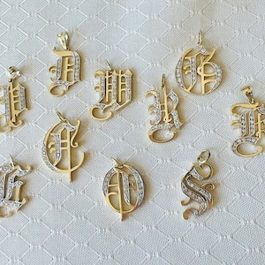 14K Yellow Gold Old English Initial Large pendant Fancy Gothic Style Font with round diamonds and tale design birthday anniversary  gift