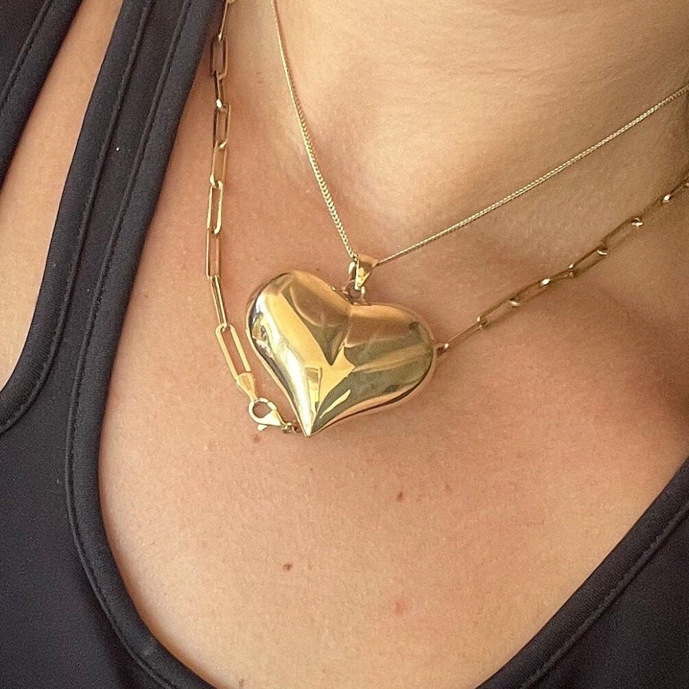 14K Pretty Yellow Gold Large 3-D Puffy Heart Pendant 38 Mm X