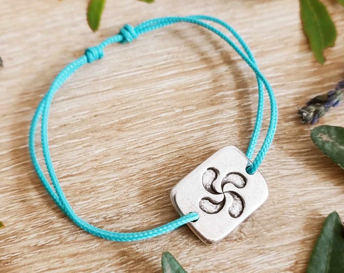 Bracelet "Lauburu/Basque cross" rectangle 14x20mm white iron 925 silver finish - braided cord of your choice