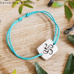 Bracelet &quot;Lauburu/Basque cross&quot; rectangle 14x20mm white iron 925 silver finish - braided cord of your choice