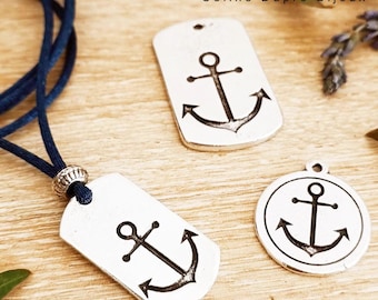 Navy anchor necklace - 925 silver finish tinplate - 16x29mm plate - adjustable mouse tail cord