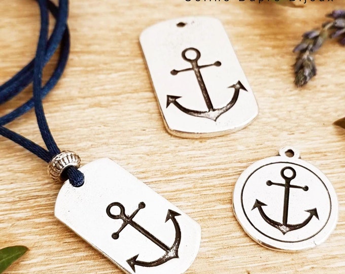 Navy anchor necklace - 925 silver finish tinplate - 16x29mm plate - adjustable mouse tail cord