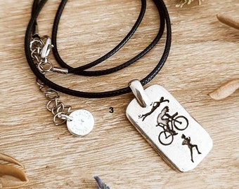 Triathlon Necklace with cord - tinplate with 925 silver finish - 42cm cotton cord and pendant of your choice