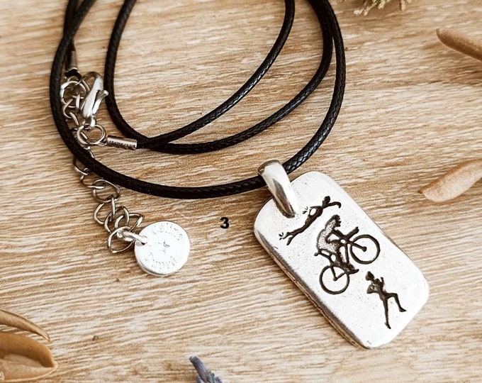 Triathlon Necklace with cord - tinplate with 925 silver finish - 42cm cotton cord and pendant of your choice