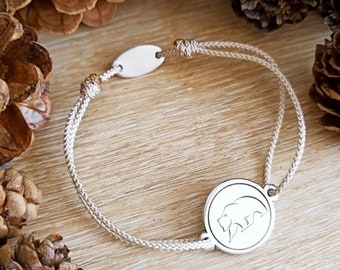Bear adjustable cord bracelet - 925 silver finish tinplate - ø18mm - Choice of cord color