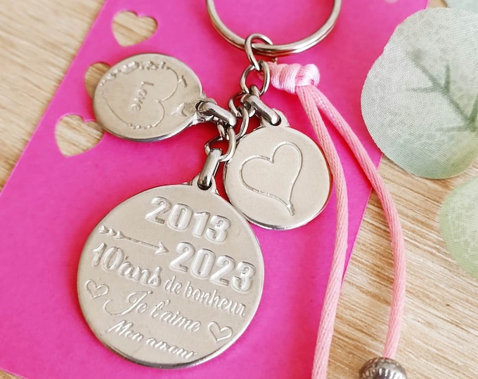 Key ring for your tinplate wedding - 10 years of marriage "2014/2024" + cord with pearls