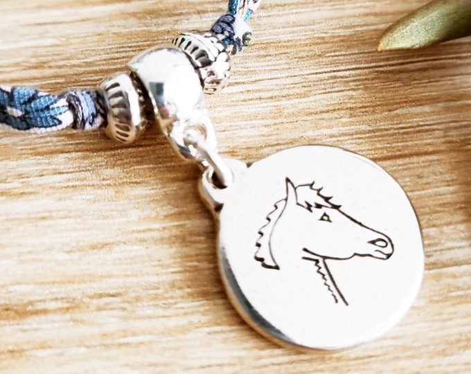Horse/Horse riding bracelet with adjustable floral cord - 925 silver finish - ø18mm medallion