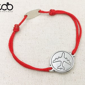 Adjustable bracelet &quot;Airplane&quot; ø18mm tinplate silver finish 925 - braided cord of your choice