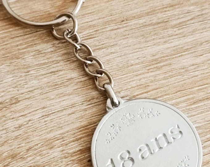 Birthday key ring - 18 years old - with leaves - raw tinplate - ø30mm