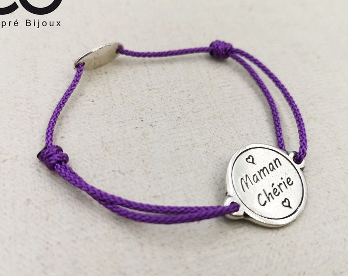 Adjustable bracelet "Dear Mom" 925 silver finish - ø18mm - braided cord of your choice