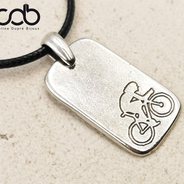 Collier "Vélo" - étain finition argent 925 - plaque16x29mm - Cordon 42cm