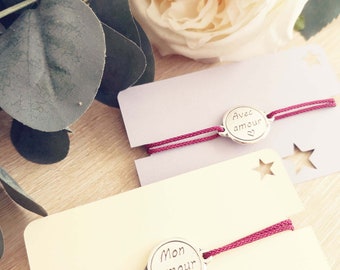 Adjustable bracelet "With love" silver finish 925 - ø18mm - braided cord and size of your choice