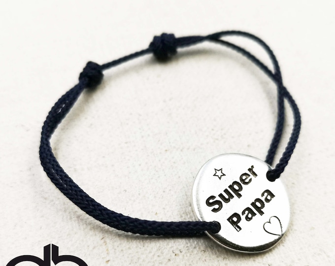 Adjustable bracelet "Super papa" round - 20mm silver iron finish 925 - braided cord of your choice