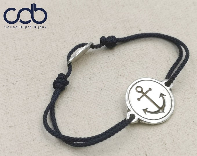 Adjustable bracelet "marine anchor" Silver finish 925-ø18mm-braided cord of choice