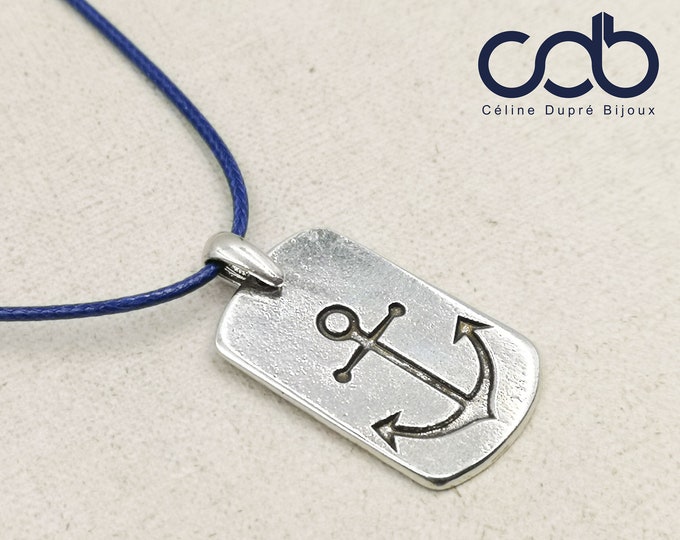 Necklace "Marine anchor" tinplate finish silver 925 - Plate US GM 20x34mm - cotton cord 42 cm of choice
