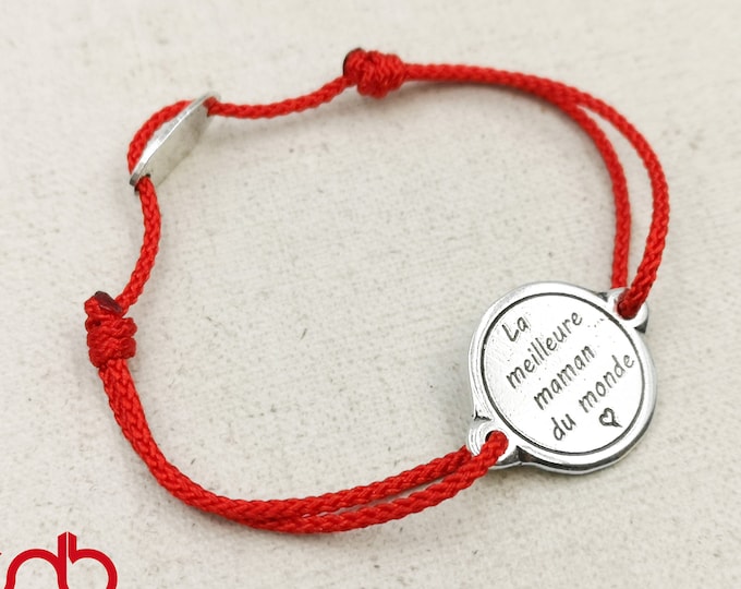Adjustable bracelet "The best mom in the world" 925 silver finish - ø18mm - braided cord of your choice