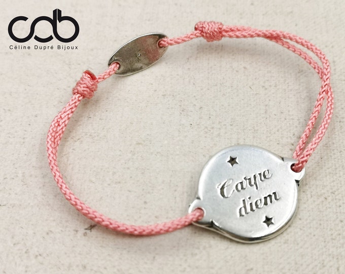 Carpe Diem bracelet - ø18mm in tinplate with 925 silver finish + cord