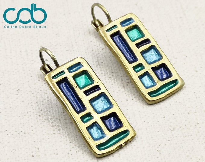 12X25mm rectangle earrings (blue camaïeu) - brass finish