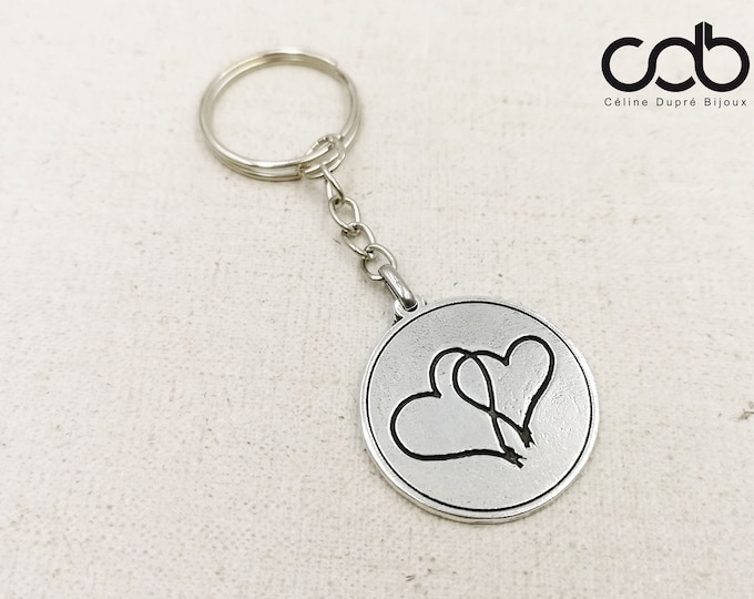 Keyring "2 hearts" Tin finish Silver 925 - ø30 mm