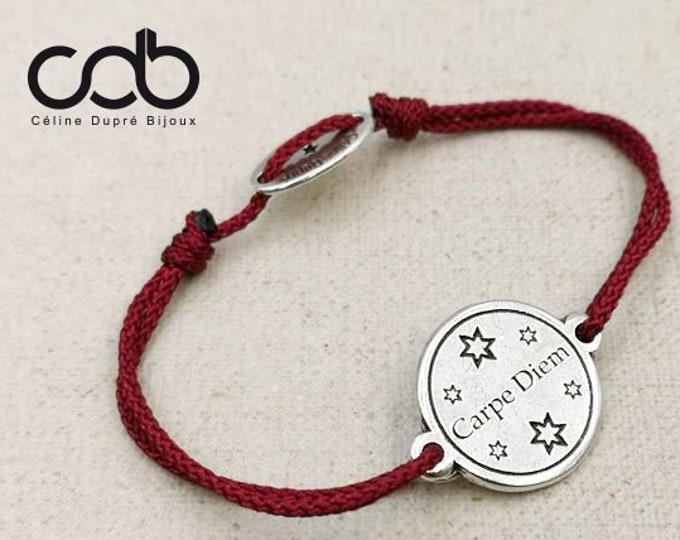 Carpe Diem bracelet - ø18mm in tinplate with 925 silver finish - cord color of your choice.