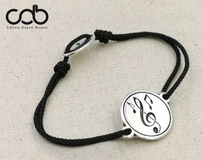 Bracelet "Musical Notes" - ø18mm tinplate finish silver 925 - cord color of your choice.