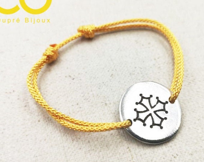 New - Adjustable bracelet "Croix Occitane" silver finish 925 - ø19mm - braided cord of your choice