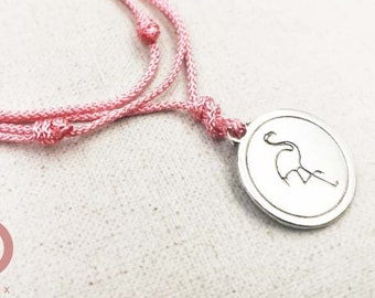 Adjustable necklace "Flamingo" ø20mm - tinplate silver finish 925 - medal and braided cord color of your choice