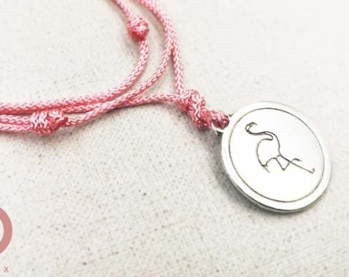 Adjustable necklace "Flamingo" ø20mm - tinplate silver finish 925 - medal and braided cord color of your choice