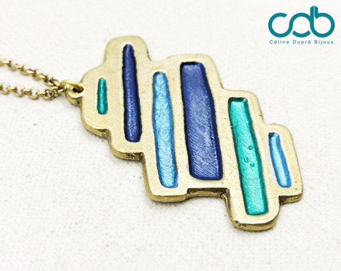 Necklace / long necklace with rectangle pendant 39x55mm (shades of blue) - brass finish