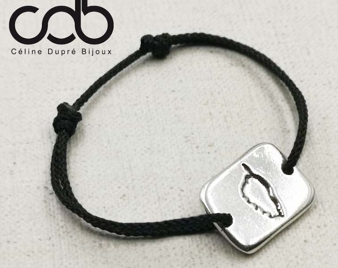 New - Adjustable bracelet "Corsica" rectangle medal 15x20mm - tinplate silver finish 925 - braided cord color of your choice