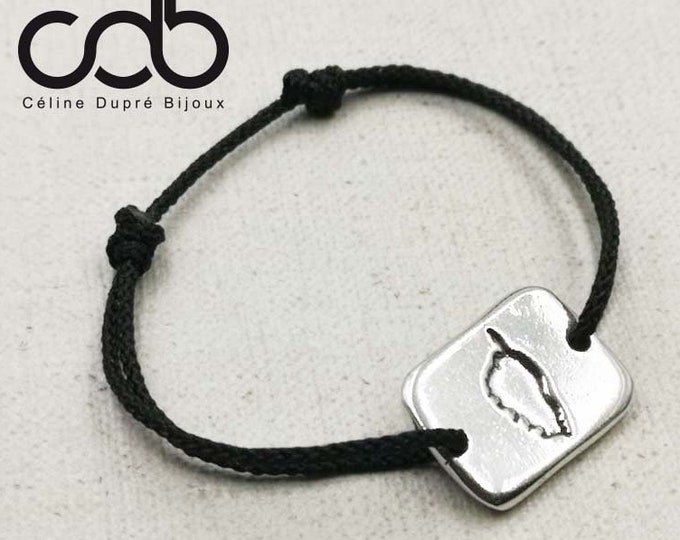 New - Adjustable bracelet "Corsica" rectangle medal 15x20mm - tinplate silver finish 925 - braided cord color of your choice