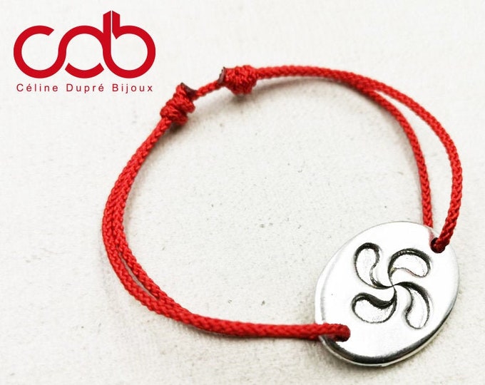 "Lauburu/Basque cross" oval bracelet 18x25mm white iron 925 silver finish - braided cord of your choice