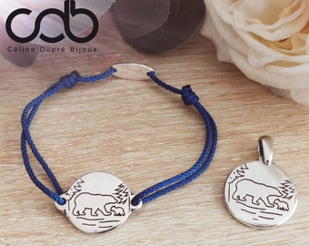 Adjustable cord bracelet "Mom and baby bear" tin silver finish 925 - ø18mm - Color cord choice