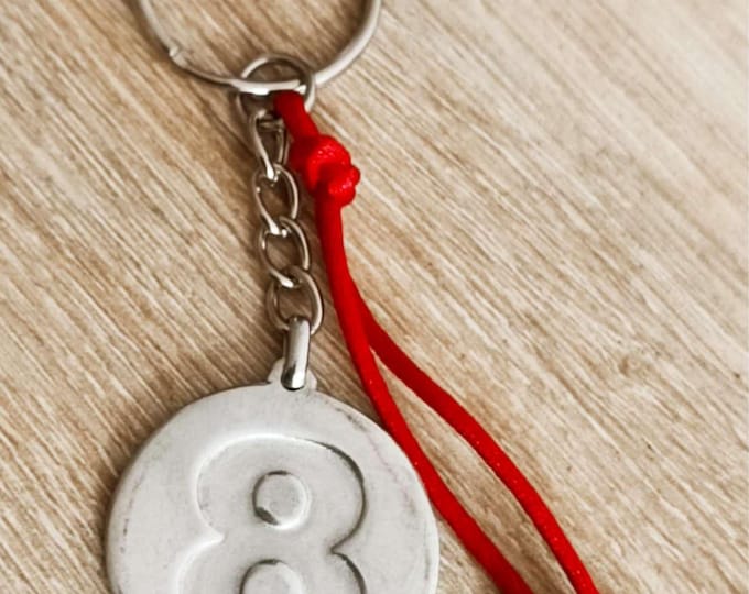 Birthday key ring - 8 - raw tinplate - ø30mm - with beads and cord - Made in France